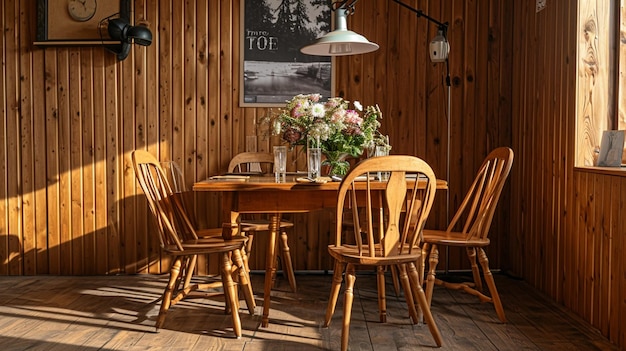 Sillas de madera en la mesa con flores en el interior del comedor natural con cartel Generative Ai