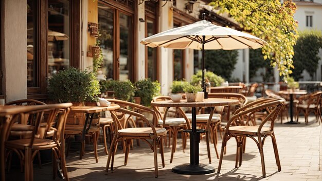 Sillas de mesa y paraguas de un café soleado