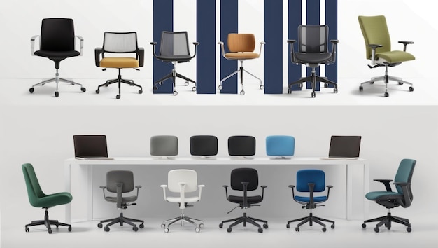 Sillas de oficina modernas dispuestas en un entorno de espacio de trabajo que muestran varios diseños