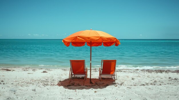 Foto sillas y paraguas en la playa con el mar en el fondo