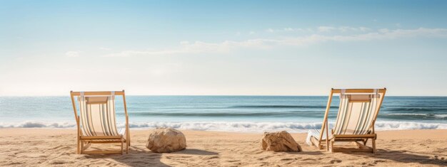 Sillas en la playa de arena cerca del mar Vacaciones de verano y concepto de vacaciones para el turismo