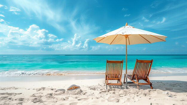 Sillas de playa y un paraguas en la arena blanca contra un cielo azul y el océano