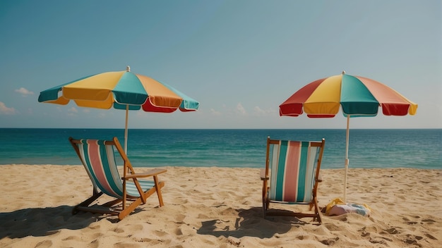 Sillas de playa y paraguas en la playa soleada