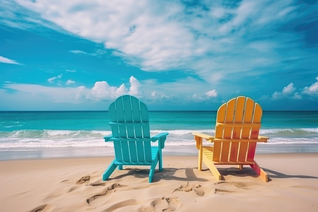 Sillas de playa en la playa de arena con el cielo azul y el fondo del mar Hermosas sillas de praia en la praia de arena cerca del mar Conceptos de vacaciones y vacaciones de verano para el turismo Generado por IA