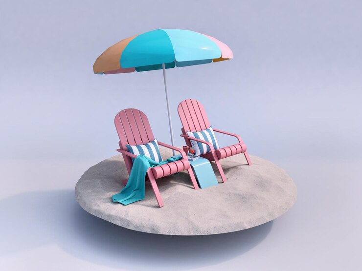 Sillas de playa rosa con sombrilla en arena blanca.playa aislada.Concepto mínimo de verano.Representación 3d