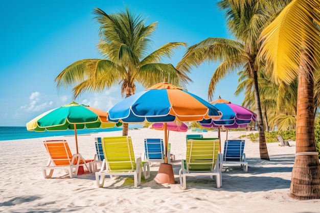 sillas de playa y sombrillas de colores brillantes en una playa de arena generativa ai