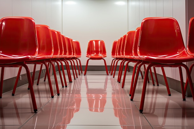 Sillas rojas en una fila en una sala de espera 3d render sillas rojas alineadas en una hilera en una habitación AI Generado