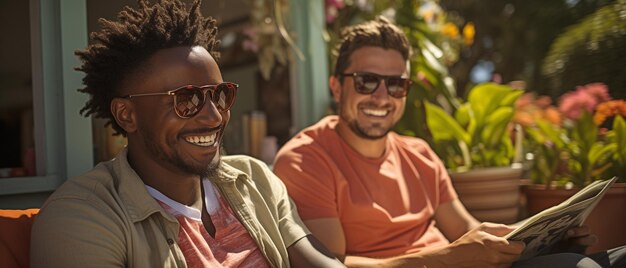 En sillas de sol una feliz pareja gay de ascendencia étnica leyendo literatura xA