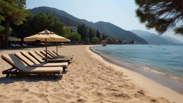 Sillas de sol bajo una sombrilla en una playa serena en la hora dorada