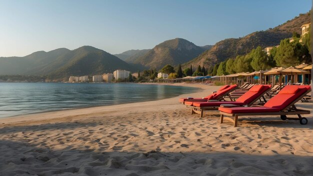 Sillas de sol bajo una sombrilla en una playa serena en la hora dorada