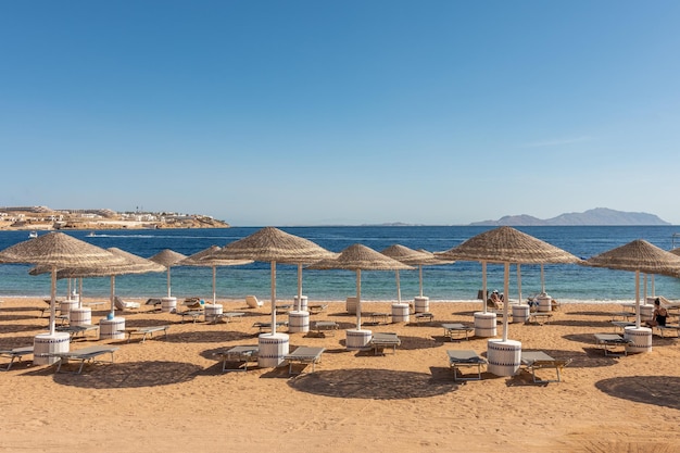 Sillas bajo sombrillas en la playa tropical Concepto de vacaciones de verano