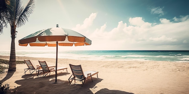 Sillas y sombrillas en la playa en vacaciones en la isla Vacaciones en la playa Verano relajarse bajo el sol Generar Ai