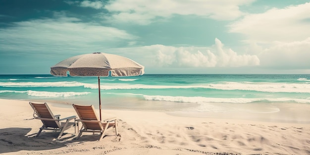 Sillas y sombrillas en la playa en vacaciones en la isla Vacaciones en la playa Verano relajarse bajo el sol Generar Ai