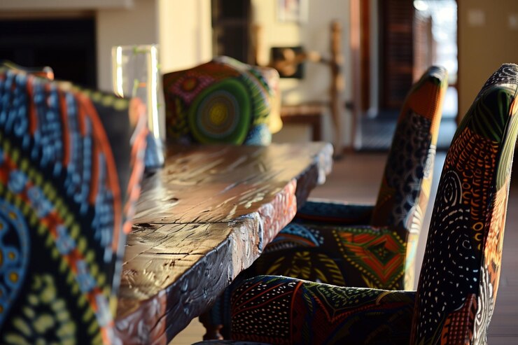 Sillas tapizadas de textil africano alrededor de una mesa de madera