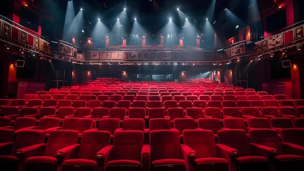 Sillas de teatro rojas bajo focos en un auditorio oscuro Concepto de auditorio Sillas de cine rojo focos entorno oscuro Iluminación dramática
