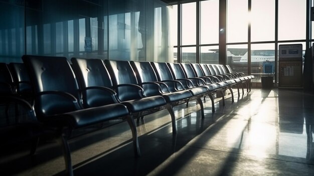 Sillas vacías en una sala de espera en un aeropuerto.