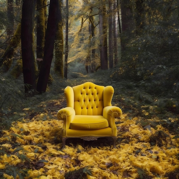 Sillón amarillo en el bosque IA generativa