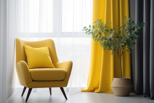 Un sillón amarillo se encuentra cerca de la ventana con plantas en macetas en el interior