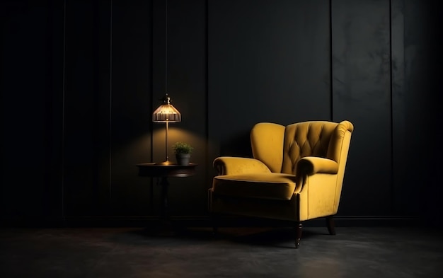 Sillón amarillo en una habitación oscura con fondo de pared negra IA generativa