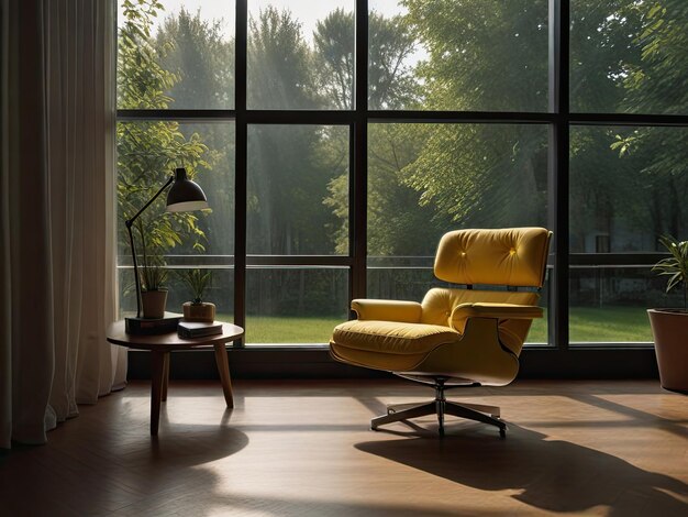 Foto sillón amarillo y mesa de café en el interior de una habitación con una ventana grande