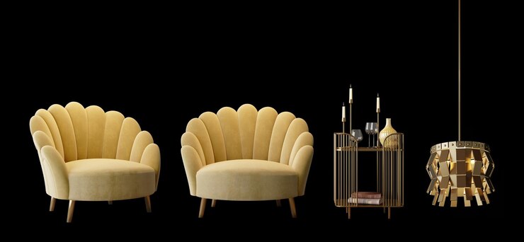 Sillón amarillo con mesa dorada y lámpara de techo aislada