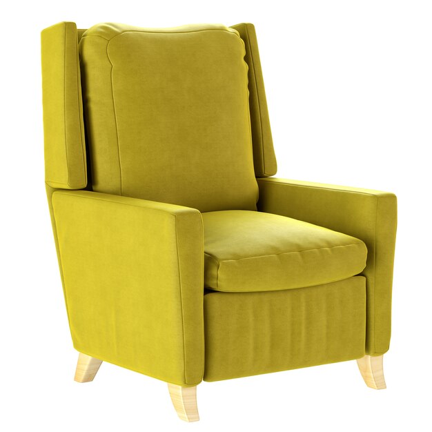 Sillón amarillo sencillo de estilo escandinavo con patas de madera. Muebles blandos. Ilustración de render 3d.