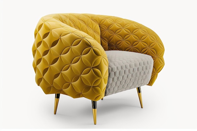 Sillón art déco acolchado en amarillo sobre blanco con frente de serie de muebles con trazado de recorte