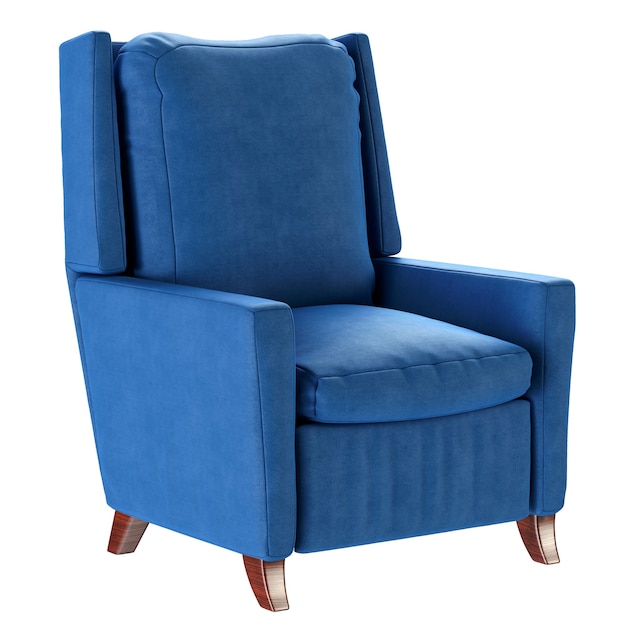 Sillón azul de estilo escandinavo simple con patas de madera. Muebles blandos. Ilustración de render 3d.