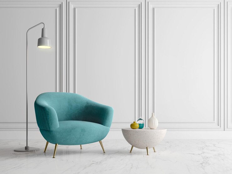 Sillón azul de lujo en interior de estilo clásico moderno