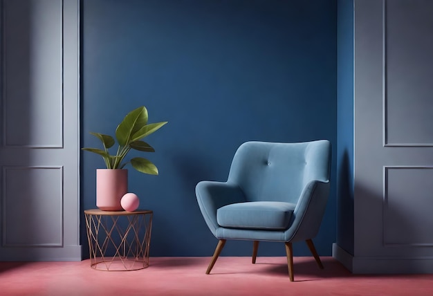 sillón azul moderno piernas de madera en la habitación paredes azul oscuro mesa pequeña con planta dos bolas decorativas