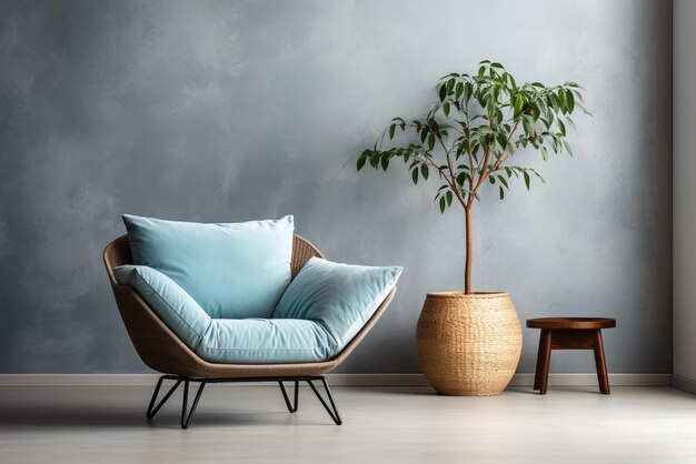 Sillón azul y una planta en una canasta