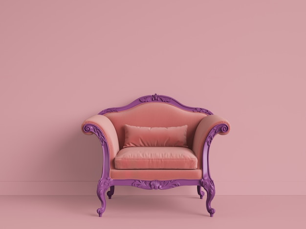 Sillón barroco clásico de color violeta-naranja en sala rosa con espacio de copia. Representación 3d