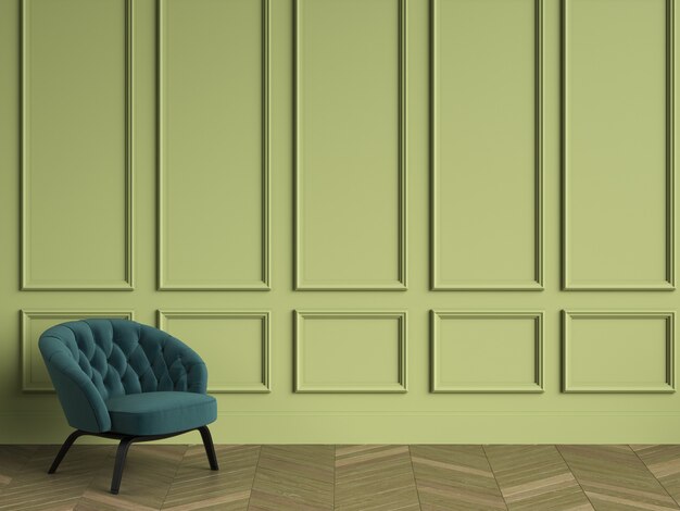 Sillón capitoné verde en interior clásico con espacio de copia. Paredes verdes con molduras. Suelo de parquet en espiga. Representación 3d