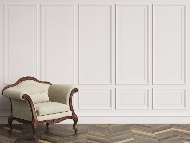 Foto sillón clásico en interior clásico con espacio de copia.