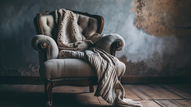 Sillón clásico con un tiro de punto en una habitación vintage de mal humor