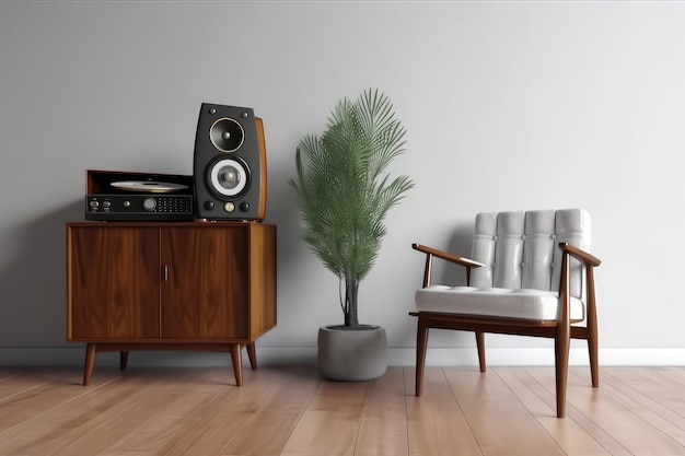 Sillón de cojín retro de mediados de siglo reproductor de discos de vinilo IA generativa