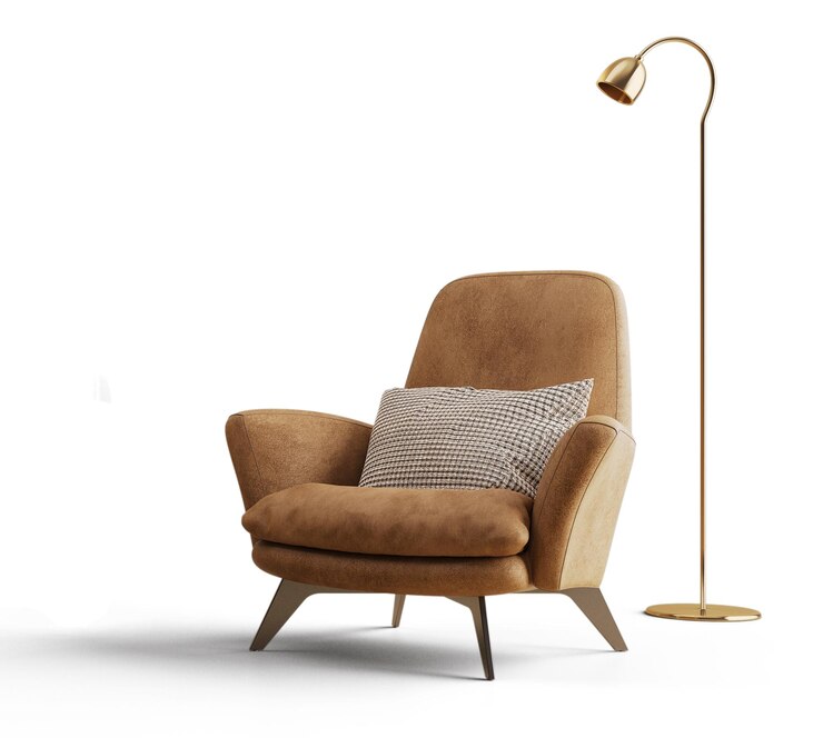 Sillón de cuero marrón con almohada y lámpara de piso aislada