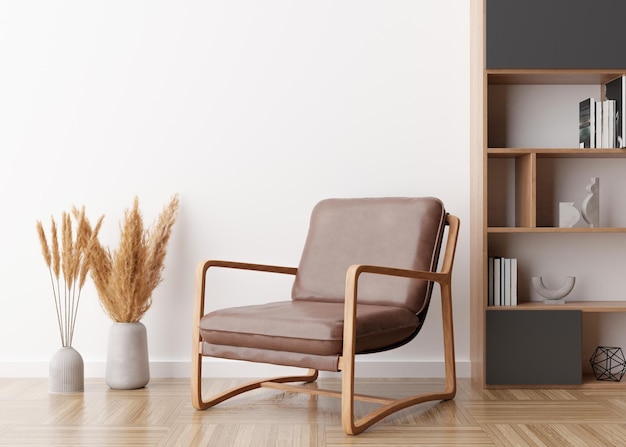 Sillón de cuero marrón en un interior contemporáneo Muebles de cuero modernos y elegantes de alta calidad Material natural Hierba de la pampa en un jarrón de renderizado 3D