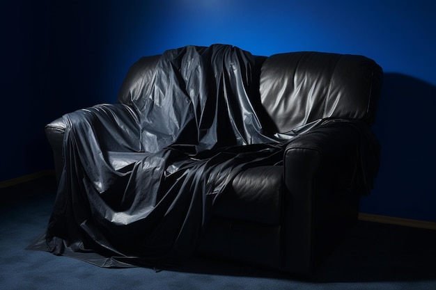 Foto un sillón de cuero negro con una cubierta azul se sienta frente a un fondo blanco