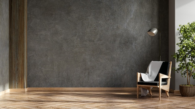 Foto sillón de cuero negro y lámpara en el interior de la sala de estar con planta, muro de hormigón representación 3d