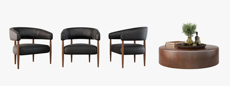 Sillón de cuero negro y mesa de cobre aislados en fondo blanco renderización 3D