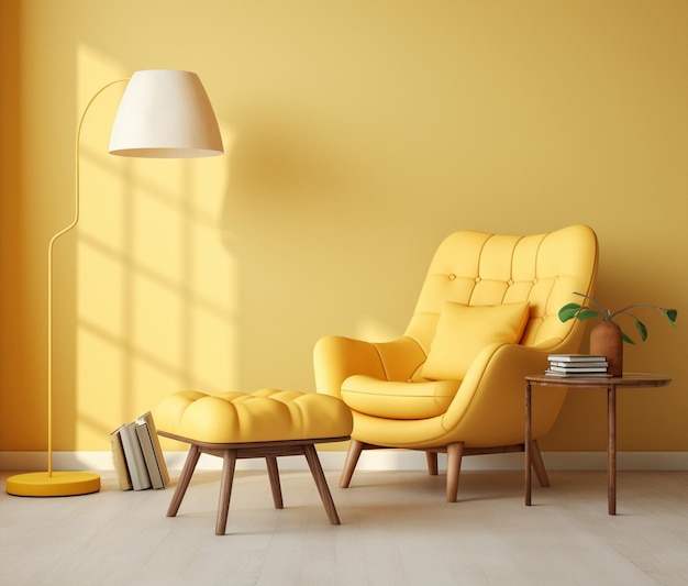 Sillón decorativo brillante sofá sala de estar diseño moderno estilo de fondo espacio de piso muebles casa silla interior blanca pared amarilla apartamento casa de madera