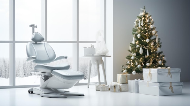 Un sillón dental y un árbol de Navidad frente a una ventana ai