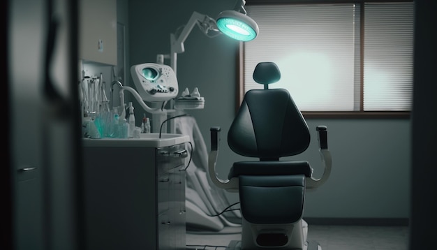 Un sillón de dentista en un cuarto oscuro generativo Ai