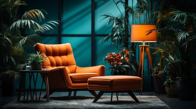 Sillón con estilo y un interior moderno con ai plantgenerative naranja