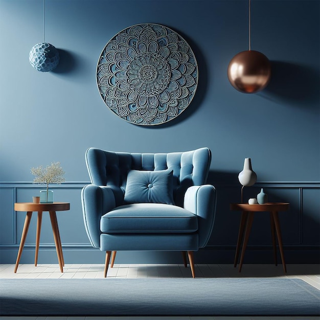 Sillón fotolítico libre contra pared azul en el interior de la sala de estar diseño interior elegante