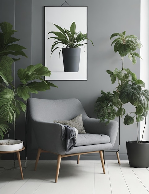 Foto sillón gris junto a una mesa de madera en el interior del salón con planta y afiche