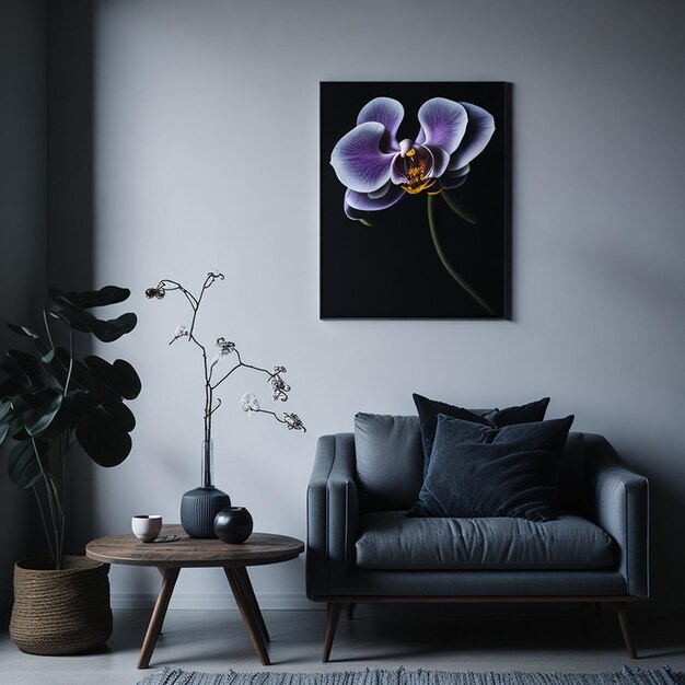 Sillón gris oscuro con mesa de centro de madera orquídea y pintura cerca de la pared blanca