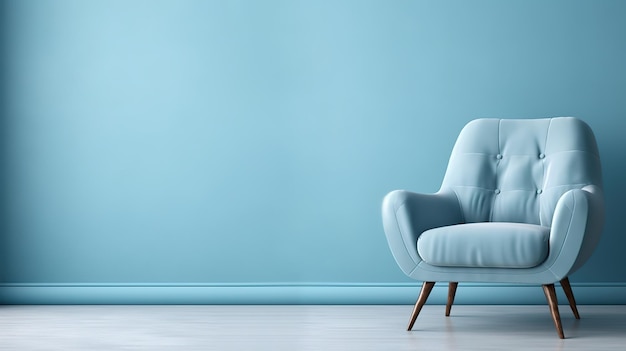 Sillón gris en salón azul con espacio de copia