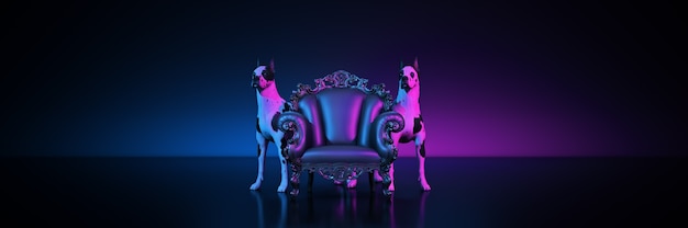 sillón, con, guardia, gran danés, perro, 3d, interpretación